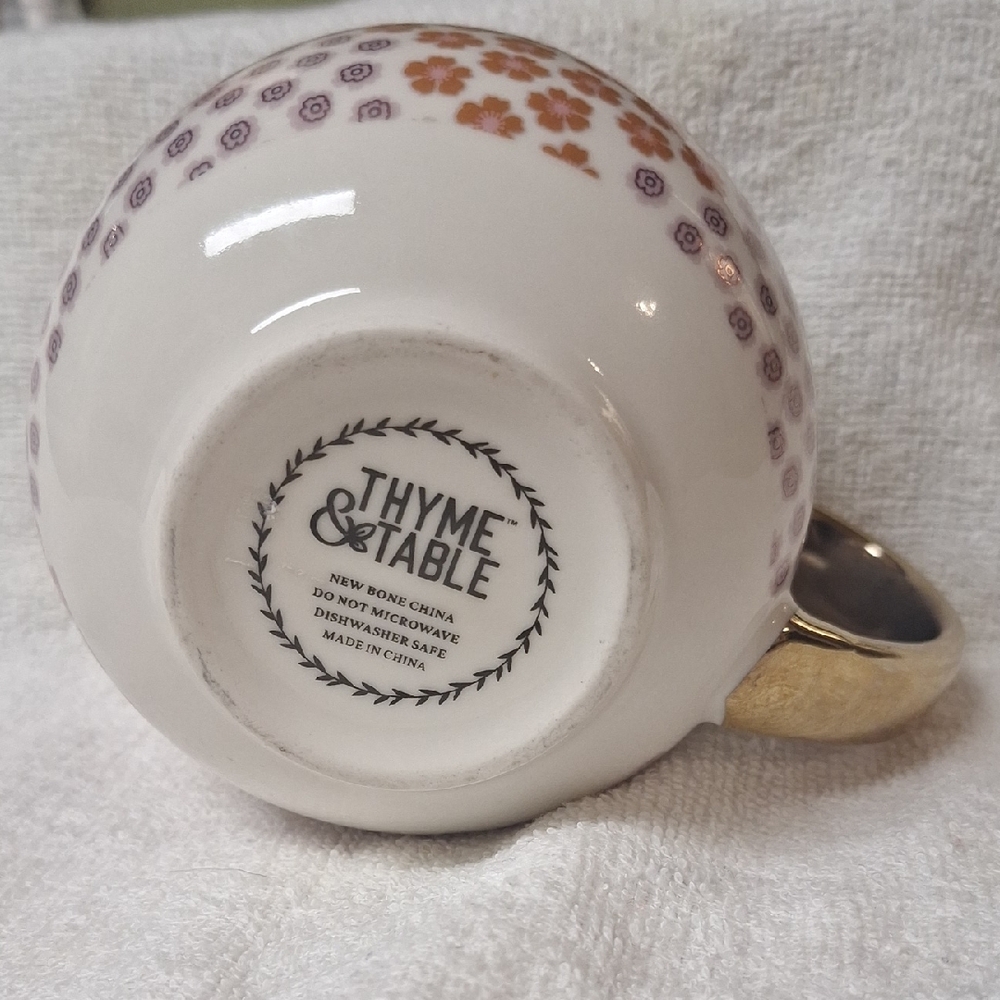Thyme & Table Floral Coffee Mug Gold Handle Boho Pink Ceramic Tea Cup Cute - Picture 6 of 8